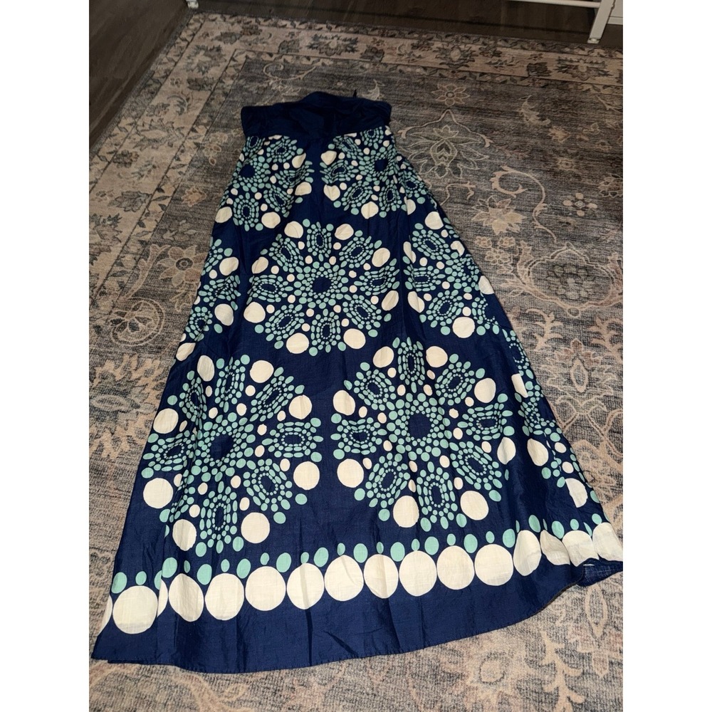 Maeve Anthropologie Blue Linen Maxi Dress Polka Dot